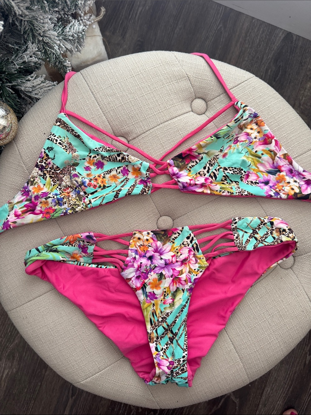 Beach Bunny Floral Bikini Top in Aqua, Pink & Yellow